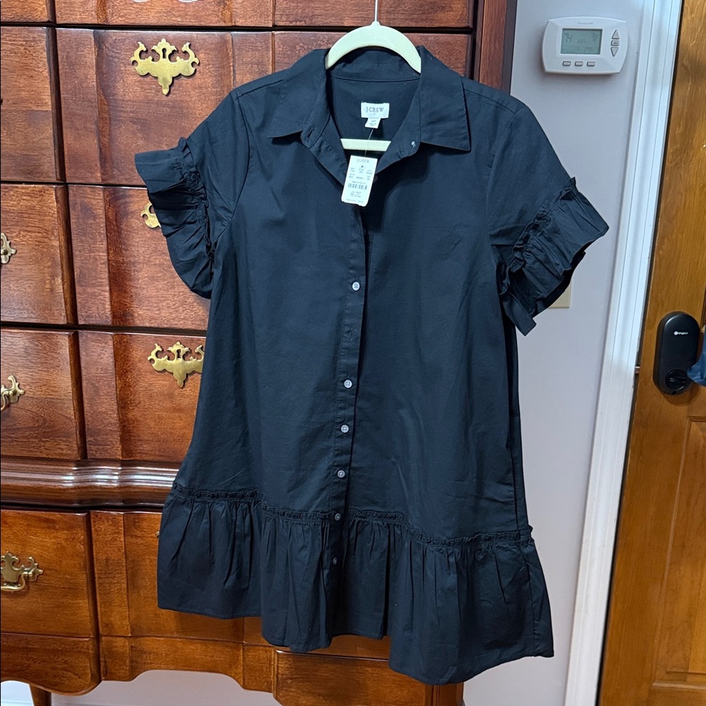 J. Crew Black Short-Sleeve Button-Front Ruffle-Hem Shirt